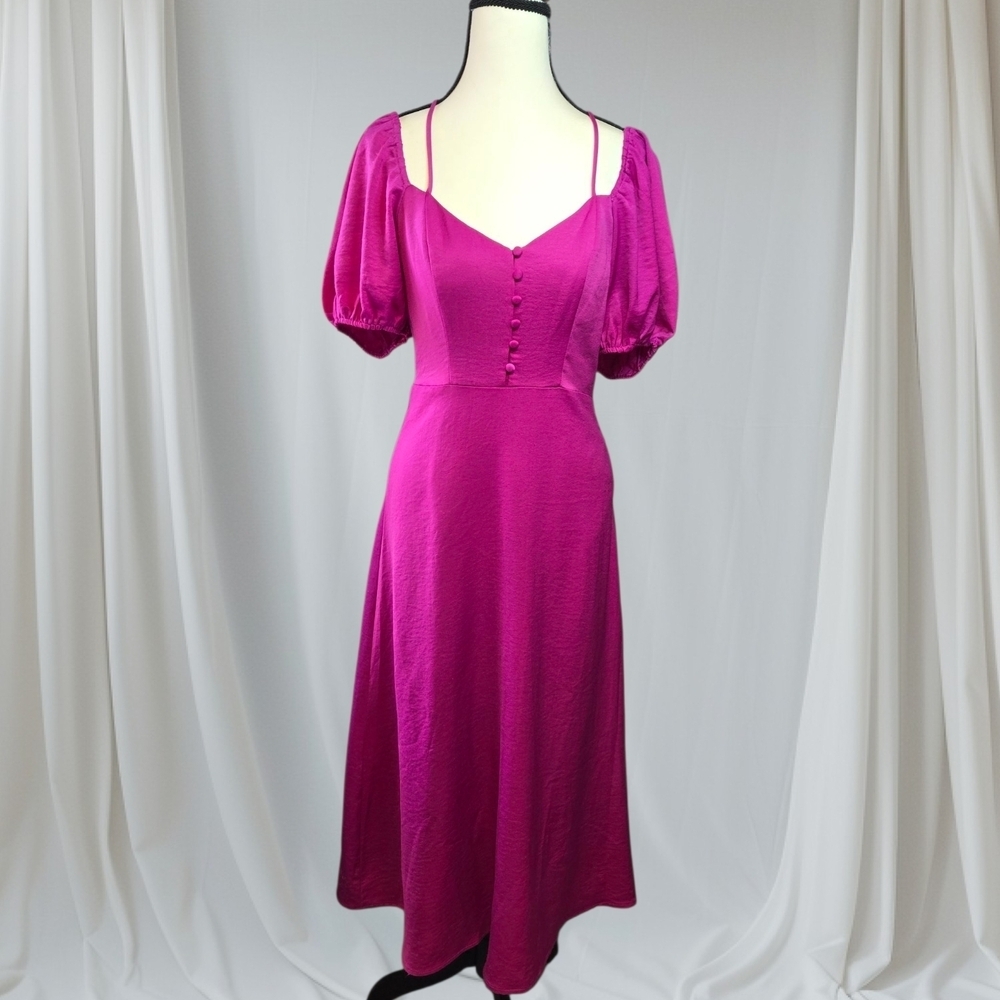 Adelyn Rae Magenta Puff Sleeve Midi Dress